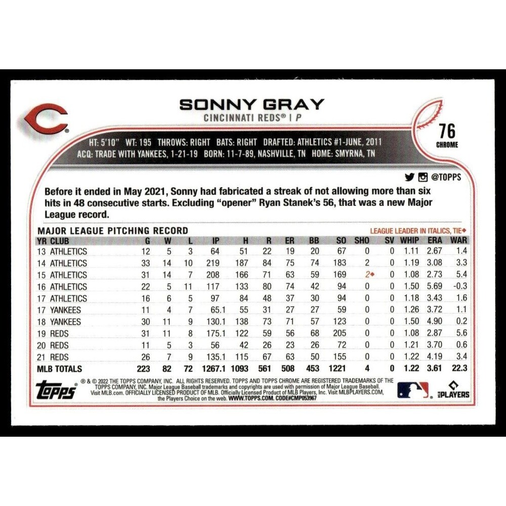 2022 Topps Chrome Sonny Gray Cincinnati Reds #76 - Picture 2 of 2